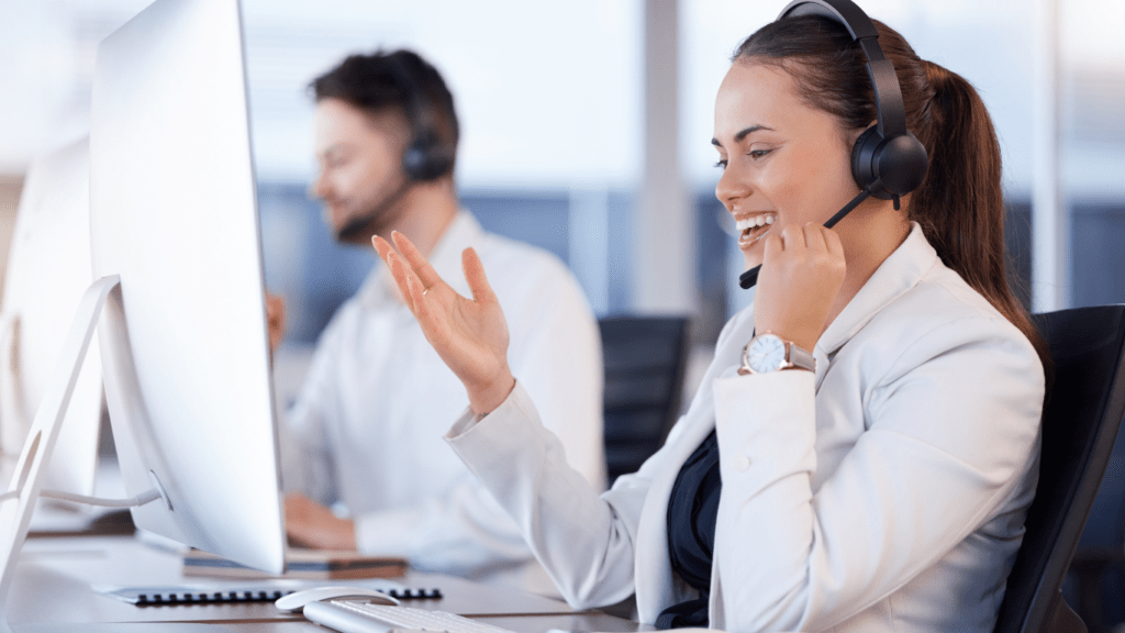 Woman speaking in a telecom communications company