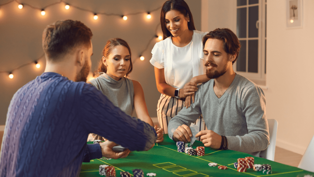 a group of people playing poker at a casino table