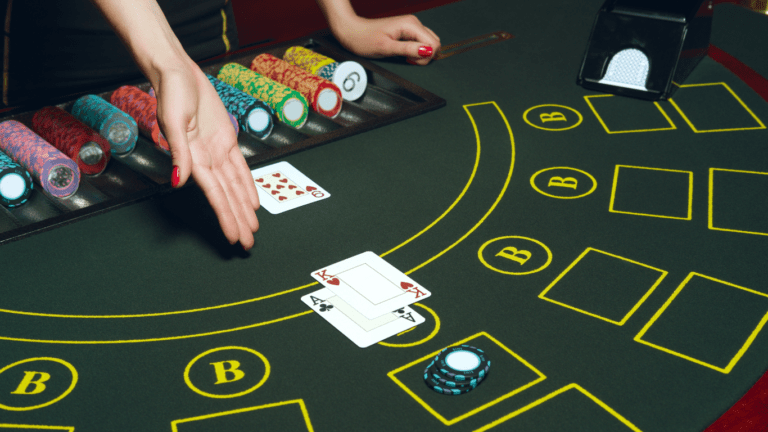 Casino poker table with chips and cards